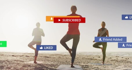 Animation of social media notifications, over women doing yoga on beach - Powered by Adobe