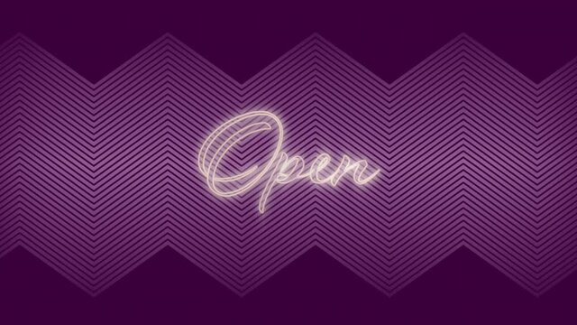 Animation of open neon text on purple zig zag pattern background