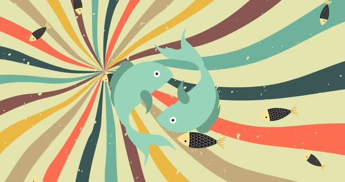 Animation of two fish over small fish falling on colourful striped background