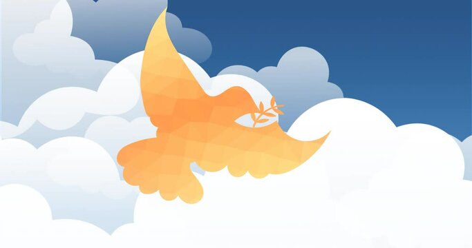 Animation of orange dove holding twig on blue cloudy sky background