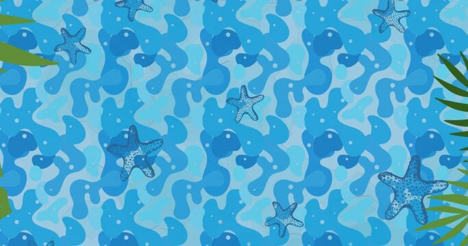 Animation of rows of repeated starfish falling on blue water pattern background