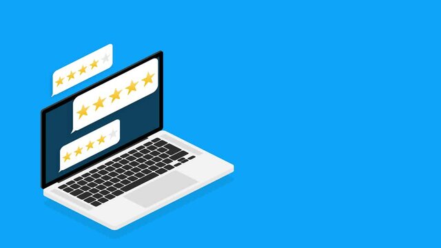 Customer review with gold star icon in laptop screen. Motion graphics.