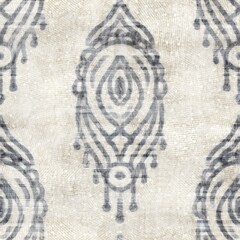 Seamless grungy tribal ethnic rug motif pattern. High quality illustration. Distressed old looking native style design in shades of gray and cream. Old artisan textile seamless pattern.