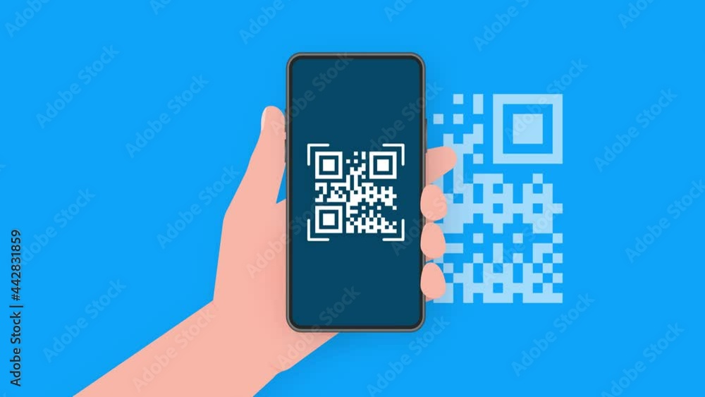 Poster hand holds phone with scan qr code to pay on screen. phone on blue background. motion graphics.