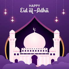 Happy Eid al Adha - Luxury Card. Greeting for social media post and banner with purple theme.