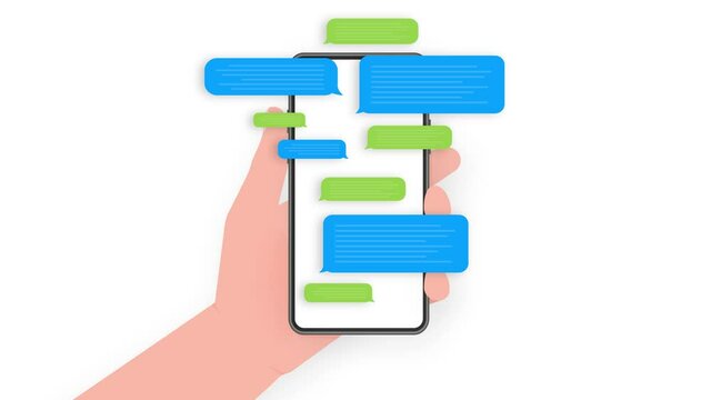 Hand holds phone with chat message on blue background. Motion graphics.