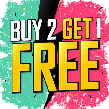 Buy 2 Get 1 Free, sale poster design template, discount banner, vector illustration