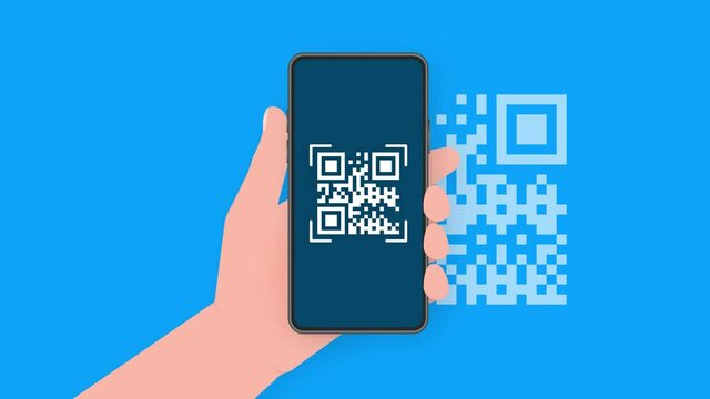 Hand holds phone with scan qr code to pay on screen. Phone on blue background. Motion graphics.