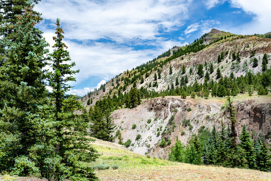 View from a valley with spotty pine trees on rocky mountains and party cloudy blue sky.