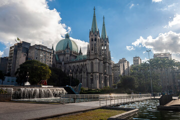 View of Se Metropolitan Cathedral in Sao Paulo, Brazil. Se Cathedral was constructed in 1913 in Neo...