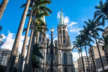 View of Se Metropolitan Cathedral in Sao Paulo, Brazil. Se Cathedral was constructed in 1913 in Neo...
