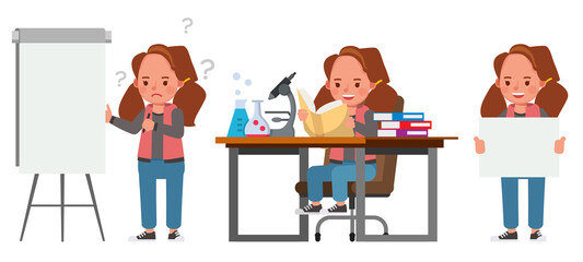Fototapeta premium Set of children character vector design. Girl wear red shirt. Presentation in various action with emotions. kids doing homework and reading a book.