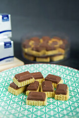 Malaysian Kuih Raya called Royal Chocolate Tart. Popular kuih raya on Hari Raya Aidilfitri in Malaysia. Selective focus.