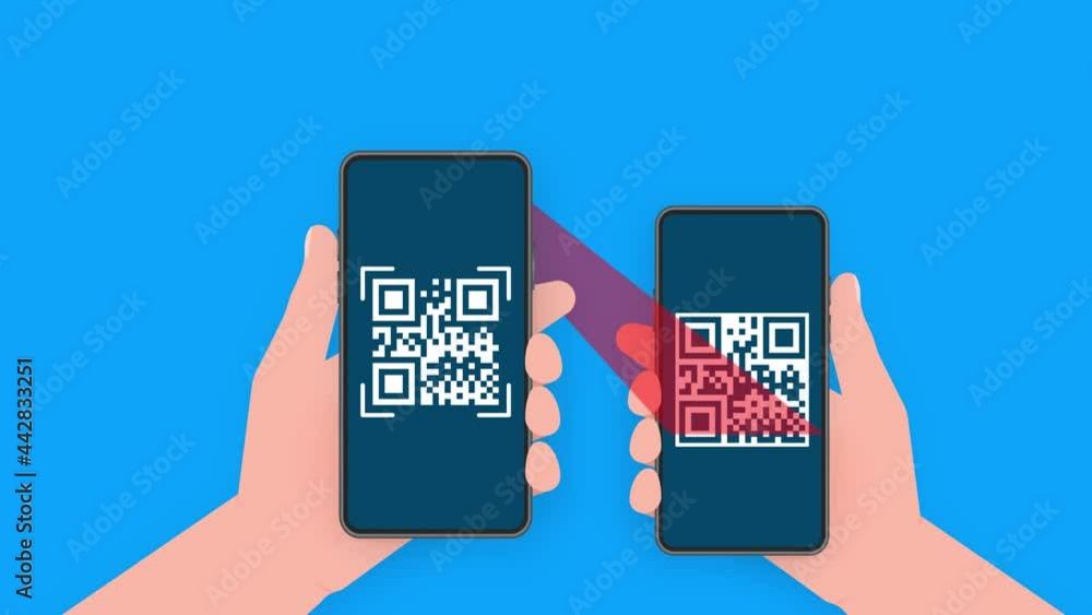 Poster hand holds phone with scan qr code to pay on screen. phone on blue background. motion graphics.