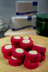 Malaysian Kuih Raya called Red Velvet Cheese Tart. Popular kuih raya on Hari Raya Aidilfitri in Malaysia. Selective focus.