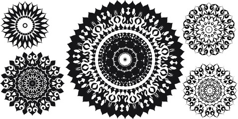Decorative round ornaments set, isolated elements. Colorful mandala, stylized flower. Abstract geometric doodle patterns for plate decoration, fabric print, business or greeting card design