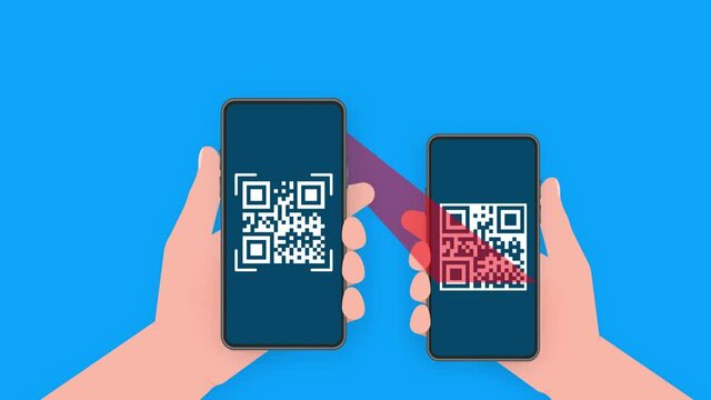 Hand holds phone with scan qr code to pay on screen. Phone on blue background. Motion graphics.
