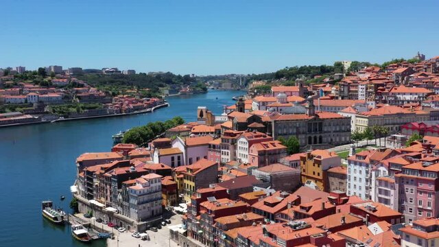 Aerial View Of Bolsa Palace (Palacio da Bolsa) And Ribeira District In Porto, Portugal. - forward