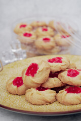 Malaysian Kuih Raya called Strawberry Butter Cookies. Popular kuih raya on Hari Raya Aidilfitri in Malaysia. Selective focus.