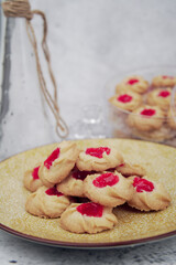 Malaysian Kuih Raya called Strawberry Butter Cookies. Popular kuih raya on Hari Raya Aidilfitri in Malaysia. Selective focus.