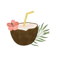 illustration of a cocktail in a coconut with a straw with a tropical flower. isolated on white background. 