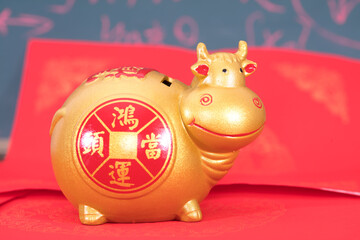 Taurus piggy bank on red background