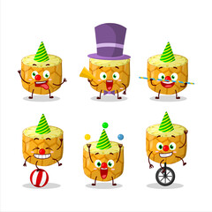 Cartoon character of slice of pineapple with various circus shows