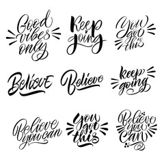 Good Vibes and positive thoughts letterings and other elements. Great lettering and calligraphy for greeting cards, stickers, banners, prints and home interior decor. Isolated vector