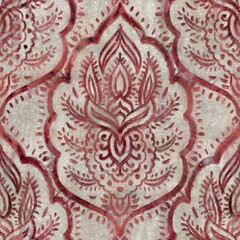 Seamless grungy tribal ethnic rug motif pattern. High quality illustration. Distressed old looking native style design in faded sun burnt red and cream colors. Old artisan textile seamless pattern.