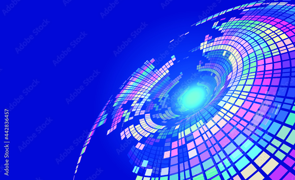 Poster colorful square composition illuminates a rotating abstract technology background