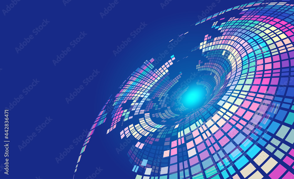 Poster Colorful square composition illuminates a rotating abstract technology background