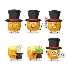 A slice of pineapple Magician cartoon character perform on a stage