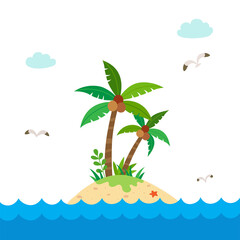 Tropical island with palm trees in the ocean. Summer vacation background.