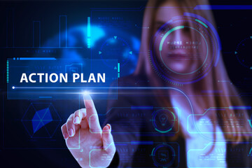 Business, Technology, Internet and network concept. Young businessman working on a virtual screen of the future and sees the inscription: Action plan