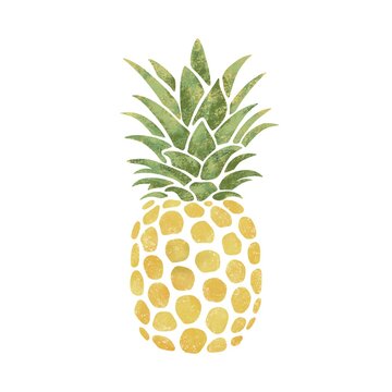 yellow pineapple with green leaves. silhouette drawing. color illustration.