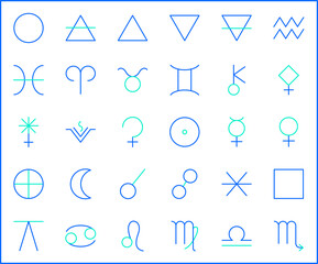 Set of Astrology and zodiac sign Icon line style. Contains such Icons as planets, asteroids, earth, luna, mercury, venus, aries, taurus, gemini, aspects And Other Elements. 