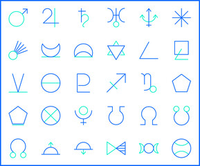 Set of Astrology and zodiac sign Icon line style. Contains such Icons as planets, asteroids, earth, luna, mercury, venus, aries, taurus, gemini, aspects And Other Elements. customize color, easy resiz