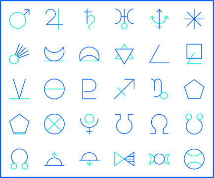 Set of Astrology and zodiac sign Icon line style. Contains such Icons as planets, asteroids, earth, luna, mercury, venus, aries, taurus, gemini, aspects And Other Elements. customize color, easy resiz