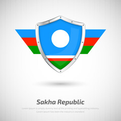 Elegant glossy shield for Sakha Republic country with happy republic day greeting background