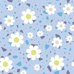 Chamomile seamless pattern. Abstract background with white daisies on blue. Pattern for textiles, fabrics, bed linen, wallpaper. Decorative print for design with chamomile and daisies. Vector