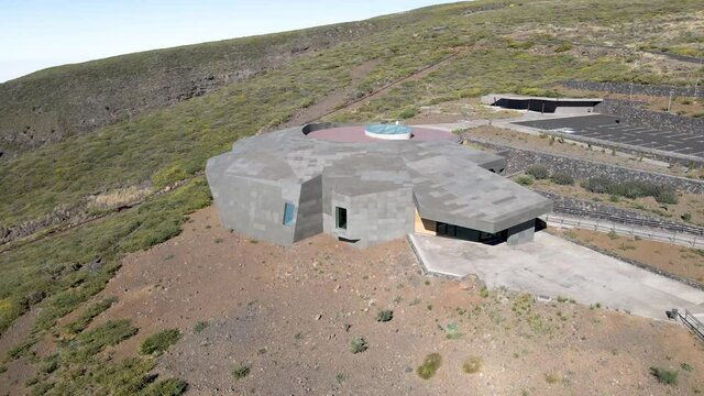 Jib up of futuristic visitor center at the Roque de los Muchachos Observatory