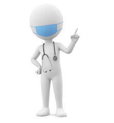 Cartoon character doctor in a blue mask points his finger at an empty spot. 3d render.