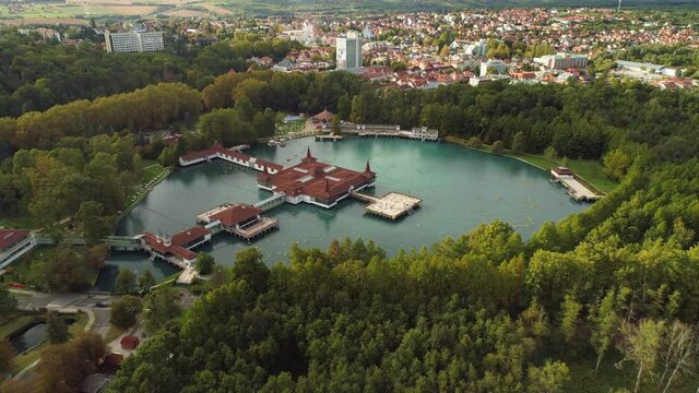 Aerial drone shot of wonderful Lake H&eacute;v&iacute;z on a beautiful day with town of Hev&iacute;z in the background