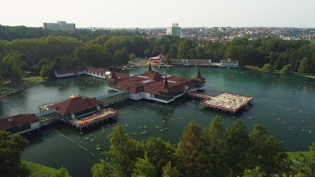Aerial drone shot of wonderful Lake H&eacute;v&iacute;z on a beautiful day with town of Hev&iacute;z in the background