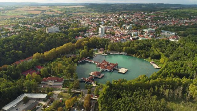 Aerial drone shot of wonderful Lake H&eacute;v&iacute;z on a beautiful day with town of Hev&iacute;z in the background