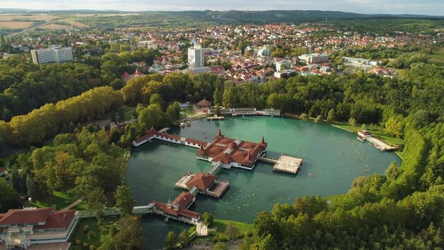 Aerial drone shot of wonderful Lake H&eacute;v&iacute;z on a beautiful day with town of Hev&iacute;z in the background