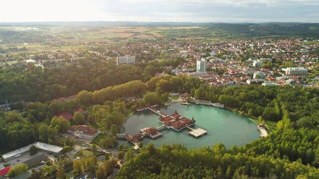 Aerial drone shot of wonderful Lake H&eacute;v&iacute;z on a beautiful day with town of Hev&iacute;z in the background