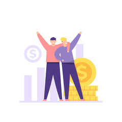 illustration of two people who are happy because they have worked together. the concept of partnership executive, team work, establishing business relationships. increase income. flat cartoon style. 