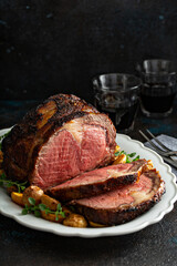 Prime rib roast sliced for celebration dinner