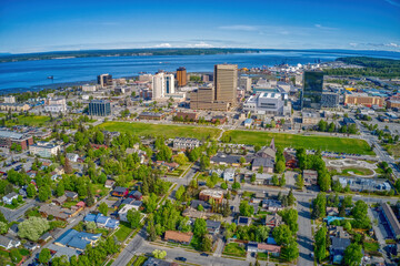 Aerial View of the downtown Anchorage, Alaska Skyline during Summer